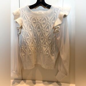 Anthropologie Cream Cable-Knit Sweater - Ruffle Shoulders & Sheer Sleeves